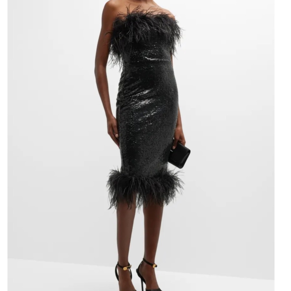 Strapless Feather-Trim Sequin Midi Dress